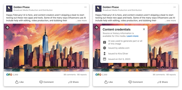 Screenshot of a LinkedIn post showing Content credentials